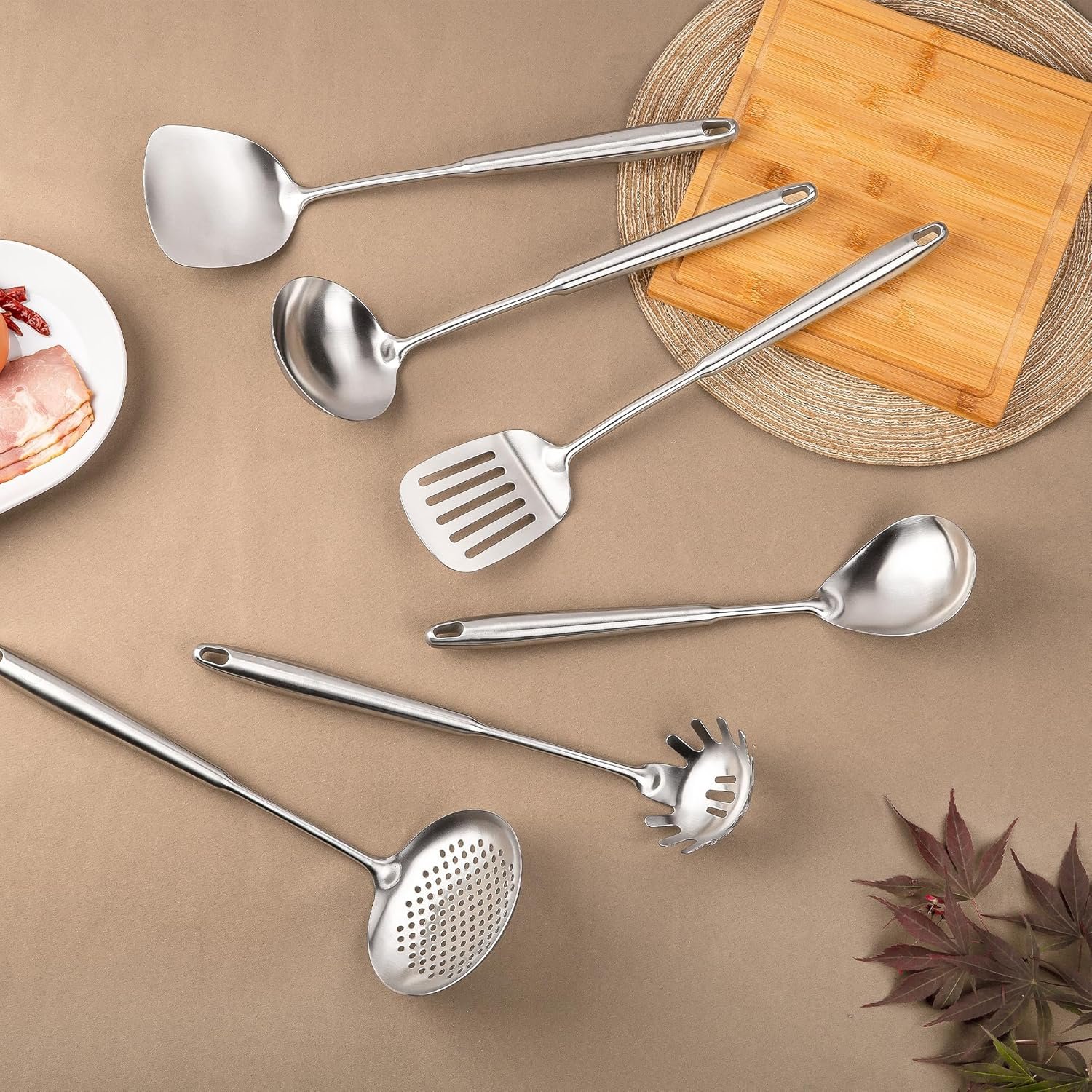 FJNATINH 6-Pieces 304 Stainless Steel Wok Spatula Set,Cooking Utensil Set,Soup Ladle Colander,Nonstick Kitchen Cooking Utensils Set with Spatula,Kitchenware Tools - Image 4