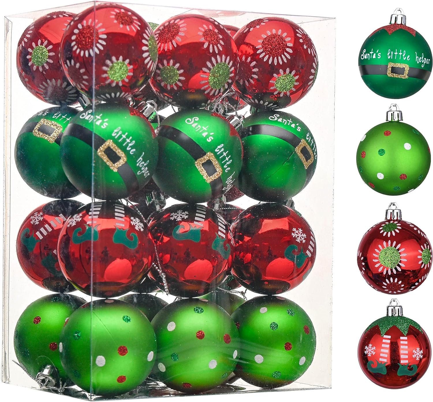 Valery Madelyn Christmas Ornaments Set, 24ct Elf Red Green White Shatterproof Christmas Tree Decorations Set, 2.36 Inch Decorative Hanging Ball Ornaments Bulk for Xmas Holiday Party Indoor Decor - Image 2