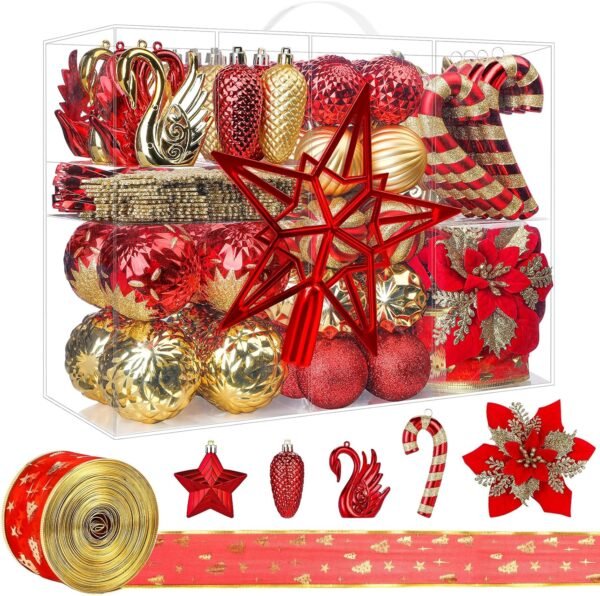 128pcs Christmas Balls Ornaments Set, Shatterproof Plastic Baubles Christmas Flowers, Ribbon and Tree Topper for Xmas Tree Holiday Wedding Party Decorations with Hanging Strings, Red and Gold - Image 2