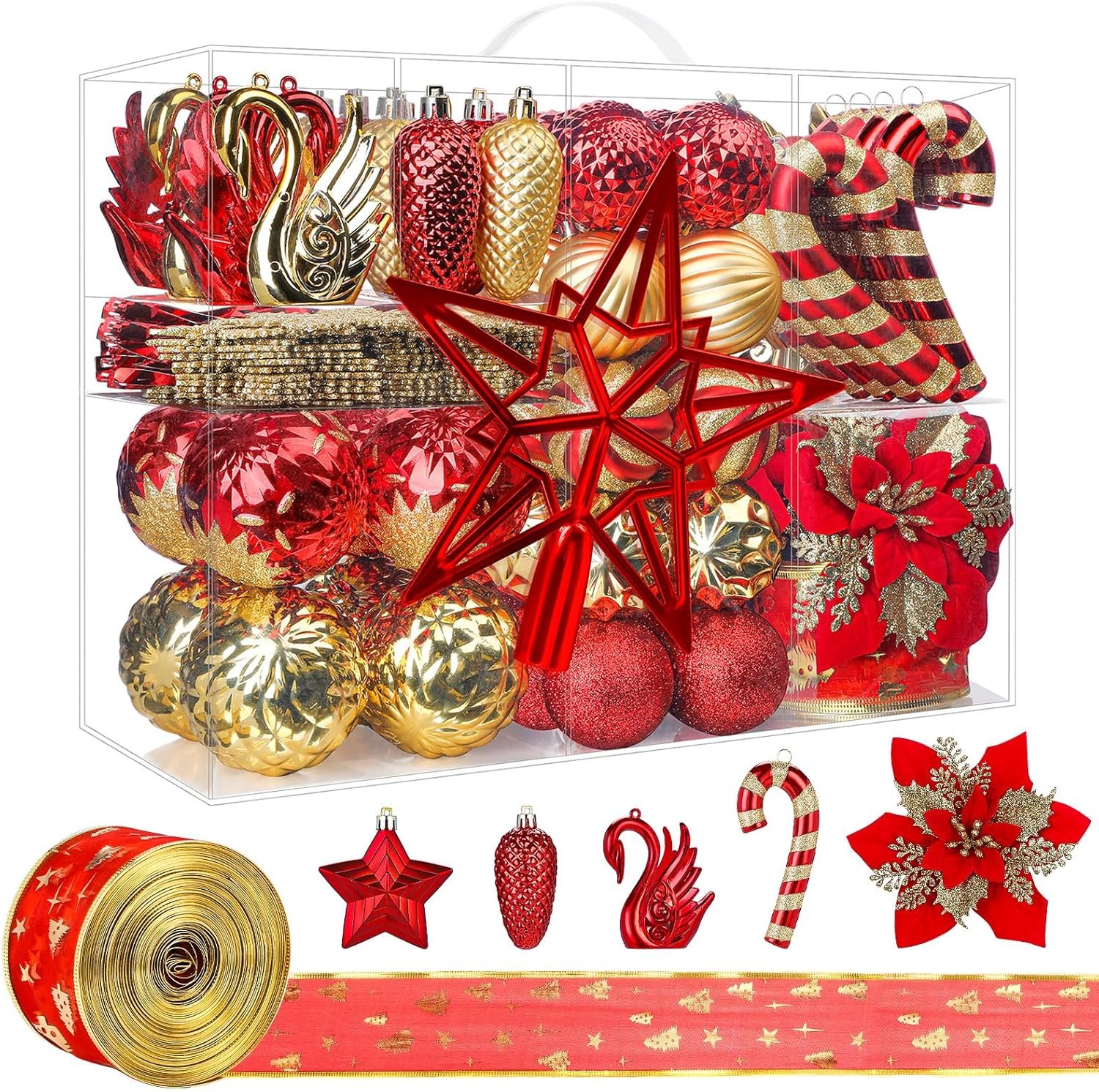 128pcs Christmas Balls Ornaments Set, Shatterproof Plastic Baubles Christmas Flowers, Ribbon and Tree Topper for Xmas Tree Holiday Wedding Party Decorations with Hanging Strings, Red and Gold - Image 2