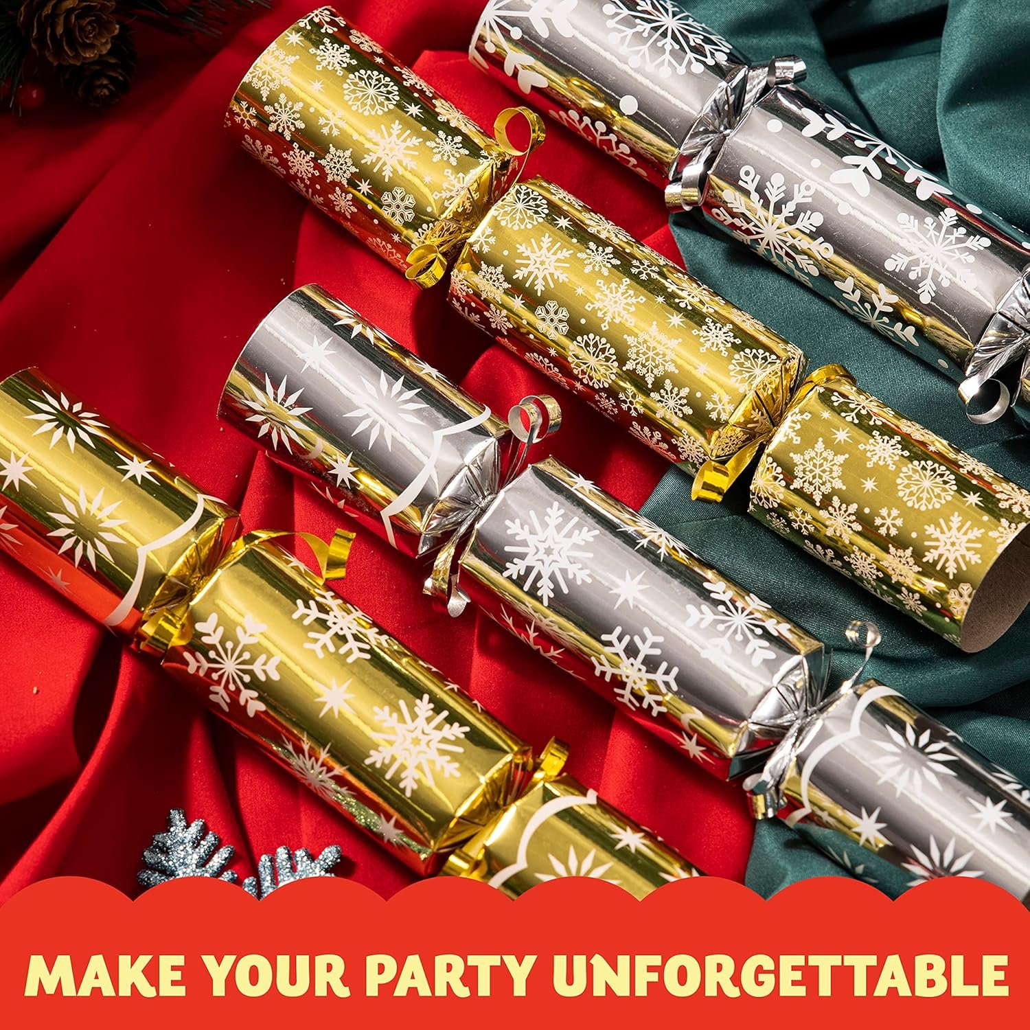 JOYIN 8 Pack Christmas No Snap No Popping Party Table Favor with Gold & Silver Snowflake Design, with Party Hat, Joke & Little Gift Inside, for Xmas Gift, Christmas Seasonal Holiday Dinner - Image 6