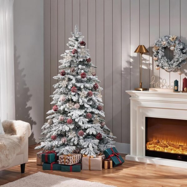 Yaheetech 6ft Pre-Lit Artificial Christmas Tree with 400 Warm White LED Lights & 940 PVC Tips,Hinged Snow Flocked Xmas Tree with Foldable Stand & Protective Foot Caps,Green & White - Image 7