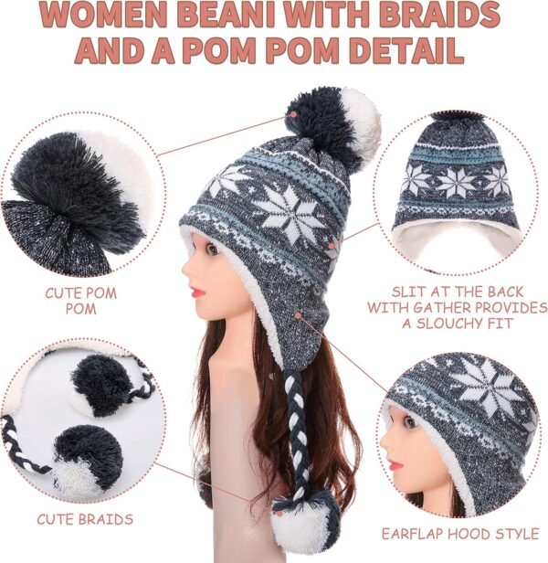 Dosoni Winter Hats for Women Knit Beanie Soft Warm Fleece Lined Long Ear Straps Snow Ski Cap with Pompom - Image 3