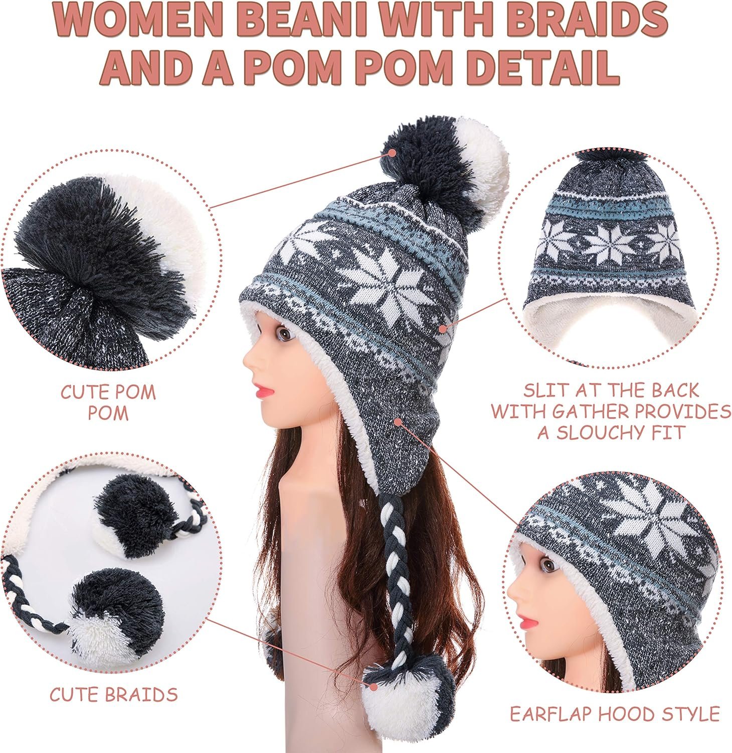 Dosoni Winter Hats for Women Knit Beanie Soft Warm Fleece Lined Long Ear Straps Snow Ski Cap with Pompom - Image 3