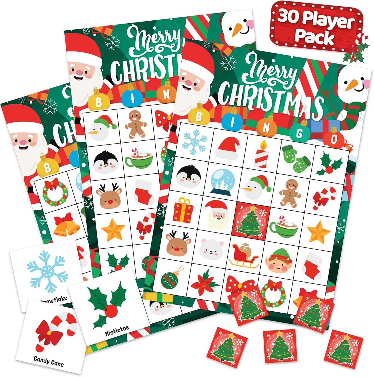 Christmas Bingo Game for Kids, Adults & Large Groups - 30 Players - Fun & Exciting Christmas Games for Family Party, Classroom Party - Reusable Christmas Bingo for Kids Christmas Party Games for Kids - Image 2