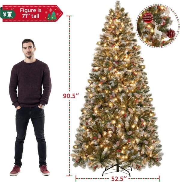 Yaheetech 7.5ft Pre-lit Frosted Artificial Hinged Christmas Tree with 1398 Flocked PVC Tips,88 Pine Cones,88 Holly Berries & 500 Warm White Lights,Foldable Stand,Green - Image 4