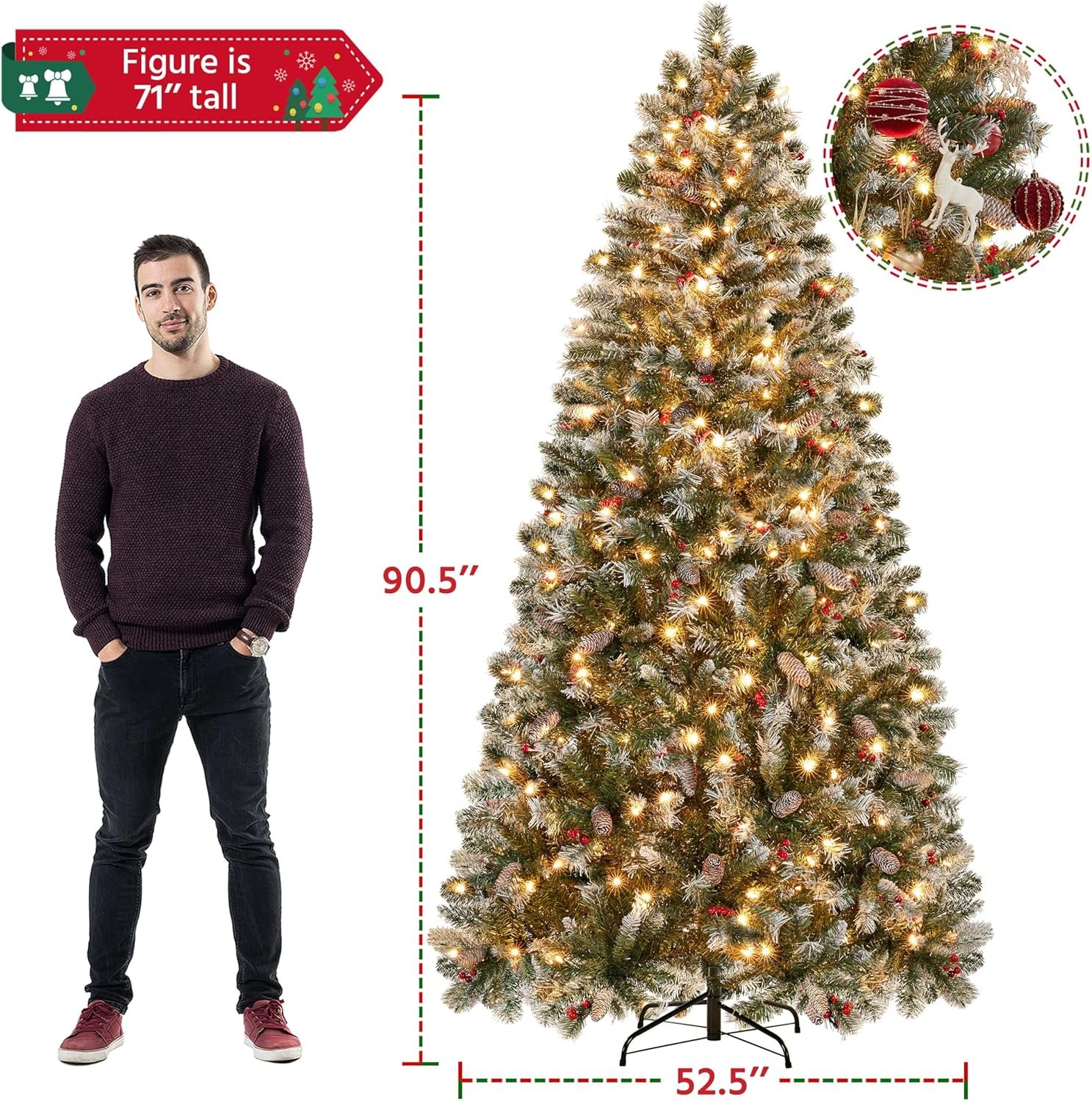 Yaheetech 7.5ft Pre-lit Frosted Artificial Hinged Christmas Tree with 1398 Flocked PVC Tips,88 Pine Cones,88 Holly Berries & 500 Warm White Lights,Foldable Stand,Green - Image 4