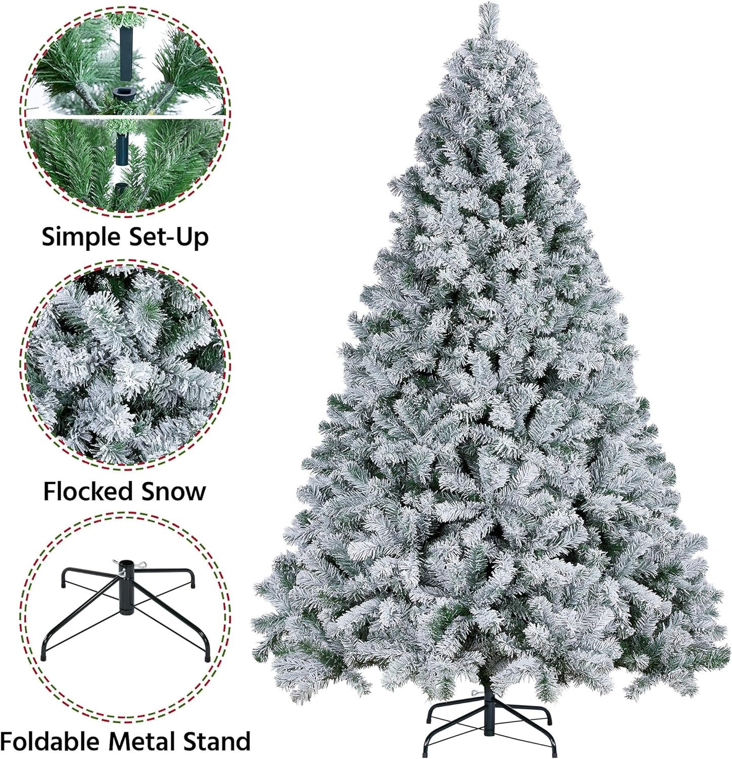 Yaheetech 7.5ft Premium Snow Flocked Hinged Artificial Christmas Fake Spruce Full Tree for Home Office Party Decoration with 1284 Branch White Snow Tips and Metal Stand - Image 4