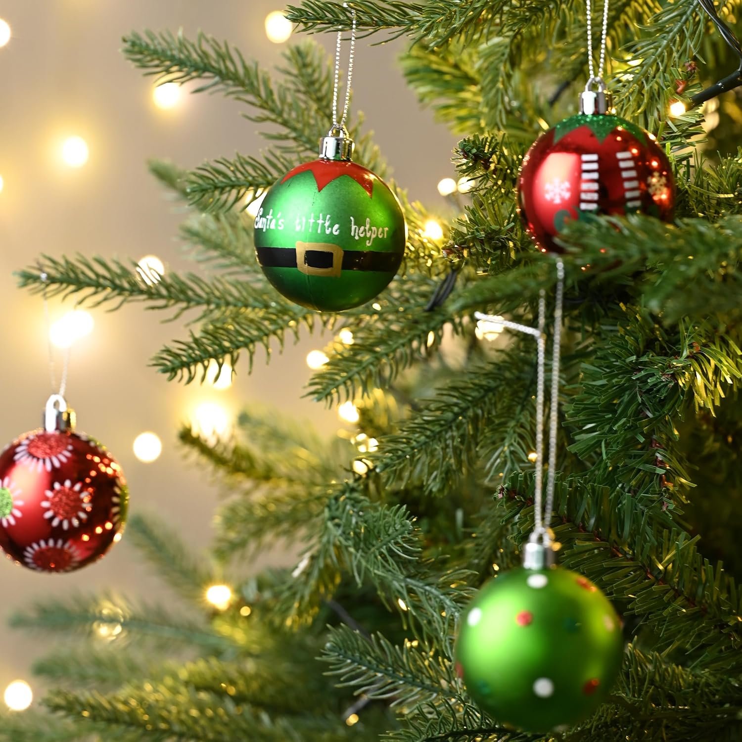 Valery Madelyn Christmas Ornaments Set, 24ct Elf Red Green White Shatterproof Christmas Tree Decorations Set, 2.36 Inch Decorative Hanging Ball Ornaments Bulk for Xmas Holiday Party Indoor Decor - Image 7