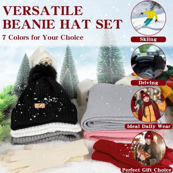 LOROME Women Winter Beanie Hat Scarf Gloves Set, Fleece Knitted Pompom Hat Warm Neck Scarf Touchscreen Gloves Winter Gift - Image 10
