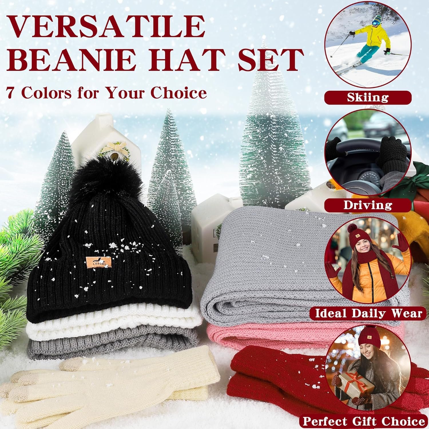 LOROME Women Winter Beanie Hat Scarf Gloves Set, Fleece Knitted Pompom Hat Warm Neck Scarf Touchscreen Gloves Winter Gift - Image 10