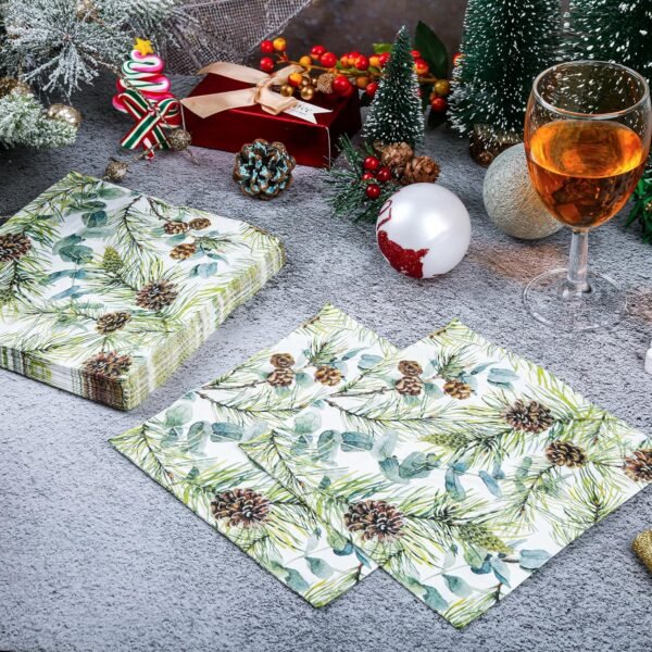 100 Christmas Party Napkins Winter Pine Branches Cones and Eucalyptus Disposable Paper Napkins Watercolor Greenery Branches Holiday Dinner Hand Towel for Party Supplies Table Decor - Image 5