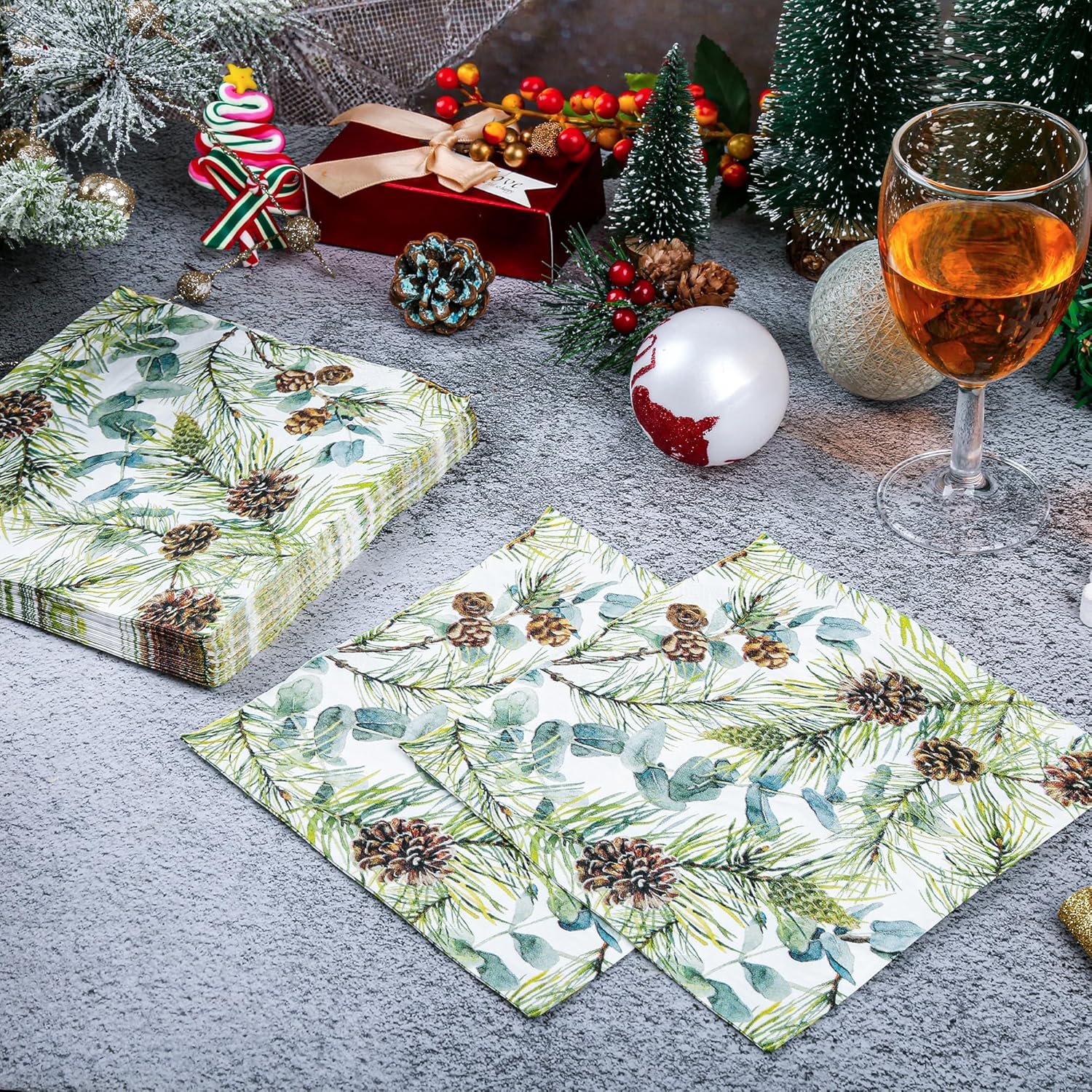 100 Christmas Party Napkins Winter Pine Branches Cones and Eucalyptus Disposable Paper Napkins Watercolor Greenery Branches Holiday Dinner Hand Towel for Party Supplies Table Decor - Image 5