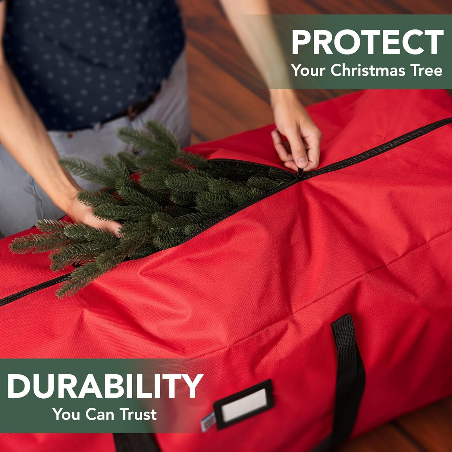 Holiday Cheer Christmas Tree Storage Bag – Heavy Duty Christmas Tree Bag Fits Up to 7.5ft Tall Artificial Christmas Tree, Waterproof with Durable Handles & Zipper – Xmas Tree Storage Bag (RED) - Image 3