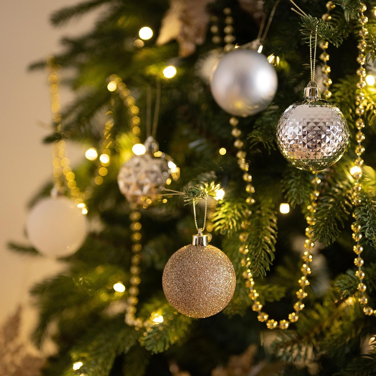 Valery Madelyn Christmas Tree Decorations Ornament Set for Fall Halloween Decor, 50ct White and Gold Shatterproof Christmas Ball Ornaments Bulk, 2.36 Inches Hanging Decor for Xmas Holiday Party - Image 3