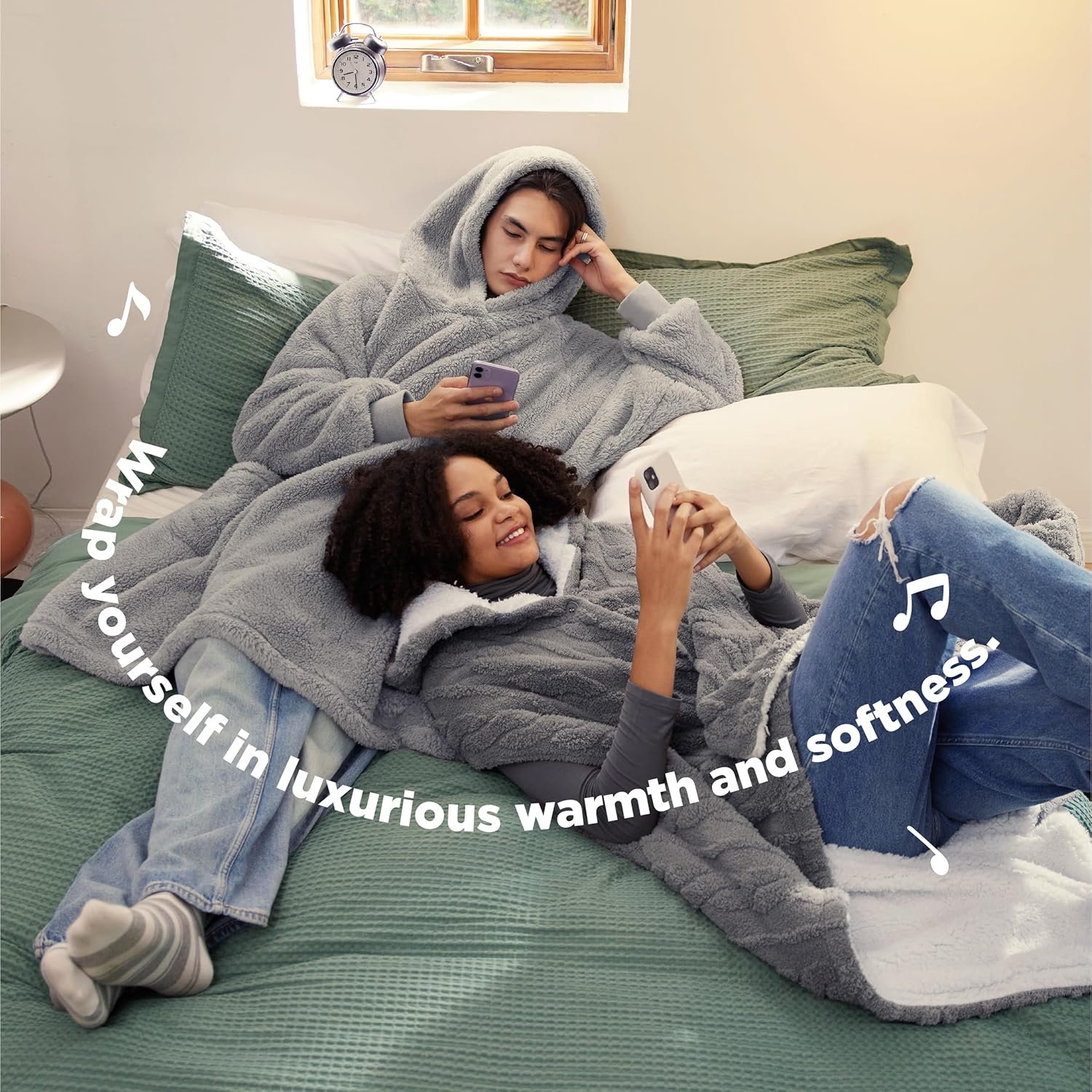 Bedsure Wearable Blanket Hoodie Gifts for Women - Cozy Sherpa Hoodie Blanket for Adult Men, Warm Hooded Blanket Sweatshirt, Grey - Image 5