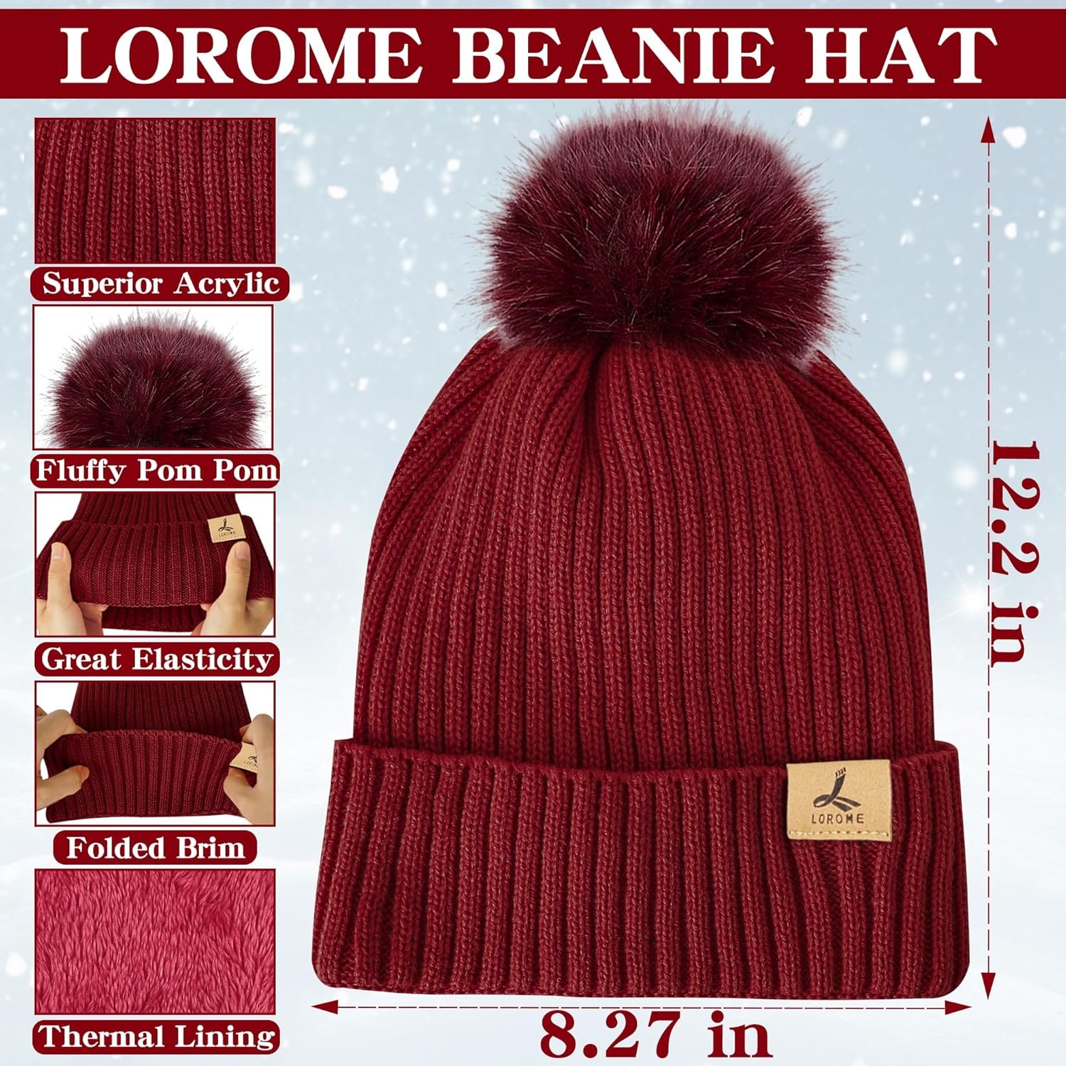 LOROME Women Winter Beanie Hat Scarf Gloves Set, Fleece Knitted Pompom Hat Warm Neck Scarf Touchscreen Gloves Winter Gift - Image 4