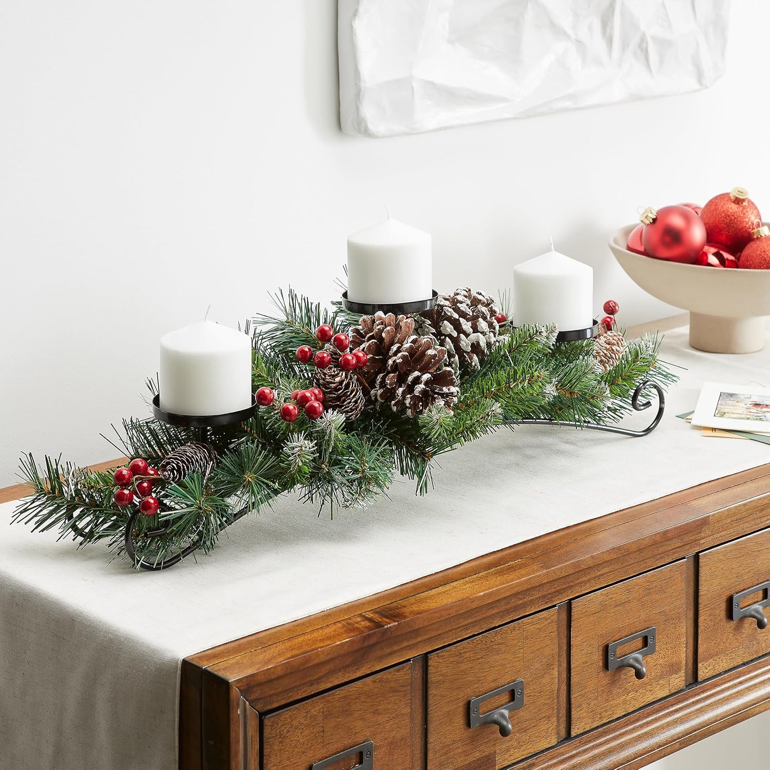 National Tree Company Artificial Christmas Centerpiece | Includes 3 Candle Holders, Red Berries, Pine Cones and Steal Base | Frosted Berry - 30 Inch - Image 5
