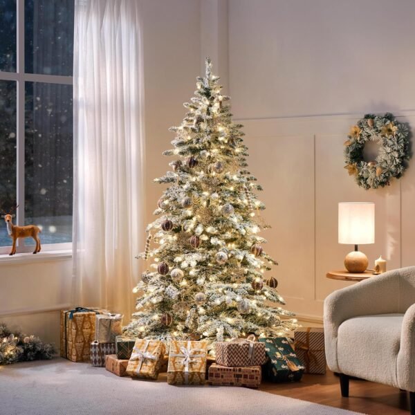 Yaheetech 6ft Pre-Lit Artificial Christmas Tree with 400 Warm White LED Lights & 940 PVC Tips,Hinged Snow Flocked Xmas Tree with Foldable Stand & Protective Foot Caps,Green & White - Image 10
