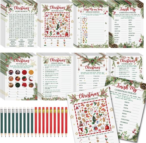 232 Pcs Christmas Trivia Party Games Set Include 207 Xmas Games Question Answer Paper Cards 25 Pencils for Christmas Festival Guessing Activity Party Supplies, 25 Players (Berry) - Image 2