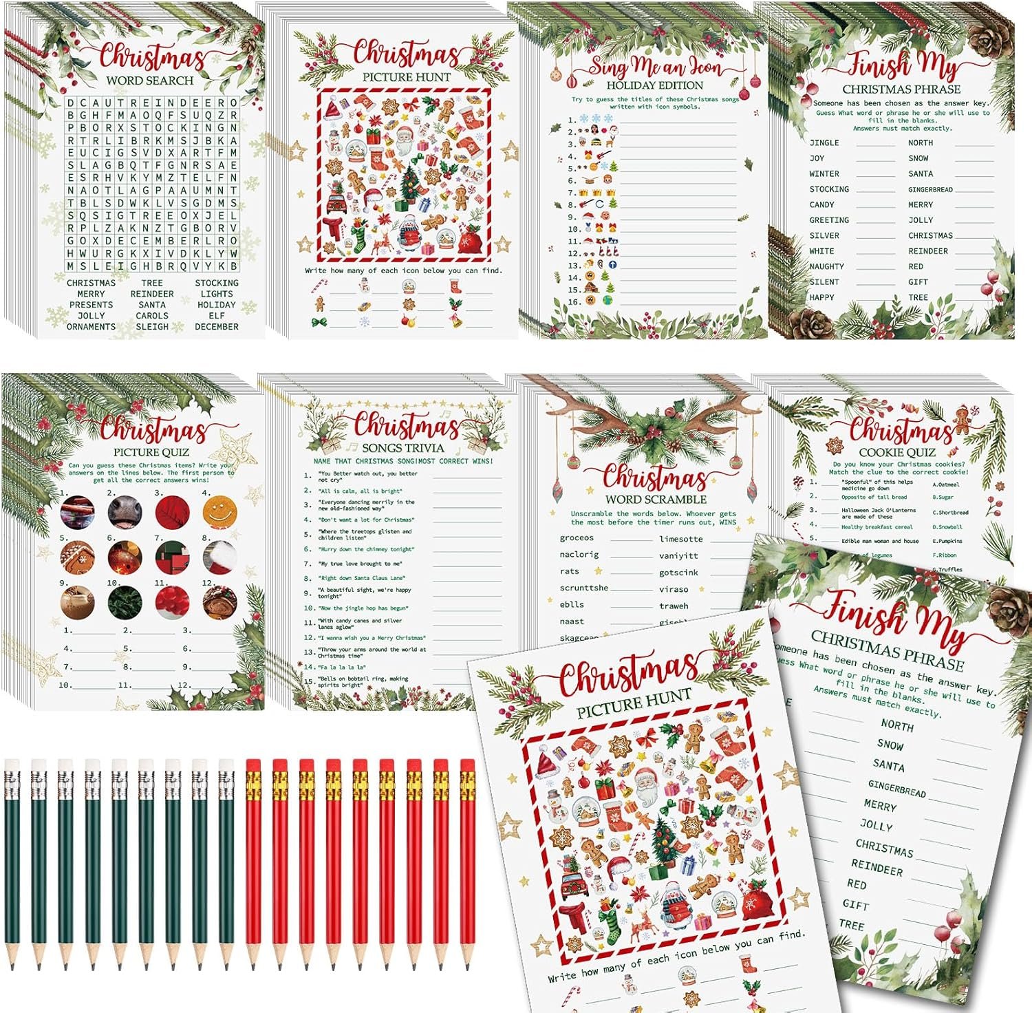 232 Pcs Christmas Trivia Party Games Set Include 207 Xmas Games Question Answer Paper Cards 25 Pencils for Christmas Festival Guessing Activity Party Supplies, 25 Players (Berry) - Image 2