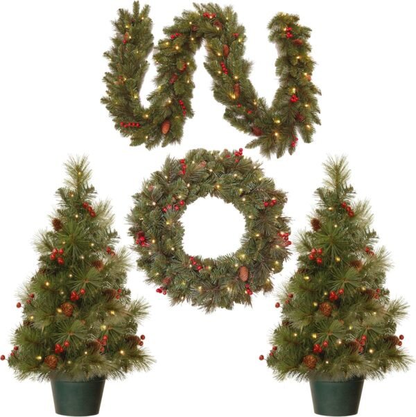 National Tree Company National Pre-lit White LED Lights Holiday Christmas 4-Piece Set | Garland, Wreath and Set of 2 Entrance Trees, No Size, Green - Image 2