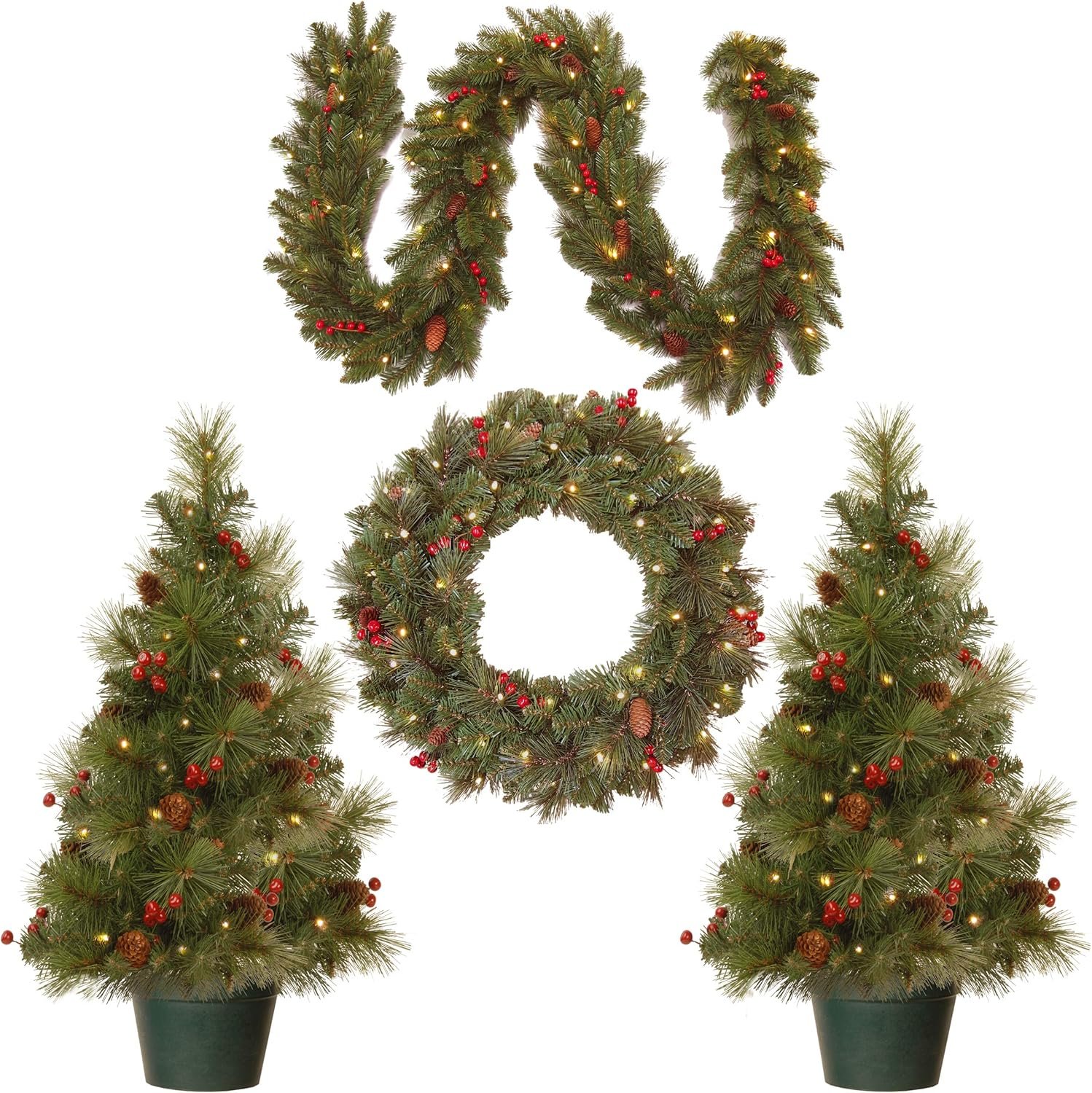 National Tree Company National Pre-lit White LED Lights Holiday Christmas 4-Piece Set | Garland, Wreath and Set of 2 Entrance Trees, No Size, Green - Image 2