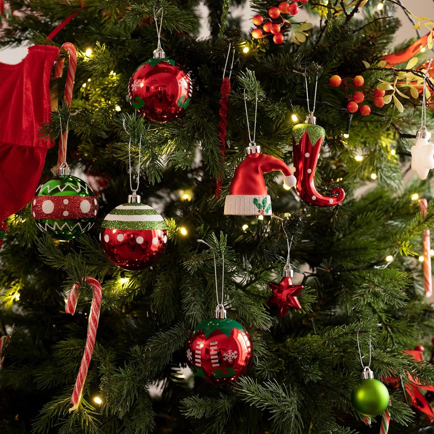 Valery Madelyn Christmas Ornaments Set, 70ct Elf Red Green White Shatterproof Christmas Tree Decorations Ball Ornaments Bulk, Variety Decorative Hanging Ornaments for Xmas Trees Holiday Party Decor - Image 3