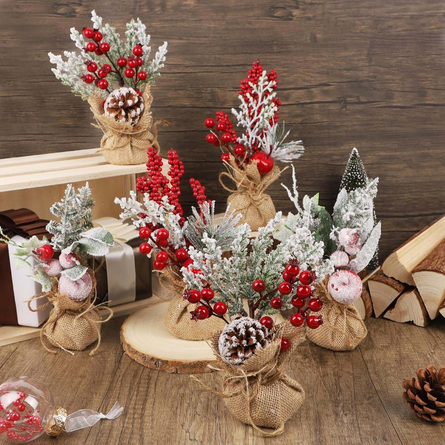 winemana 6 Pcs Mini Christmas Tree Table Decorations, 9" Small Artificial Trees with Red Berries Pine Cone Tabletop Centerpiece for Home Office Room Holiday Decorations - Image 5