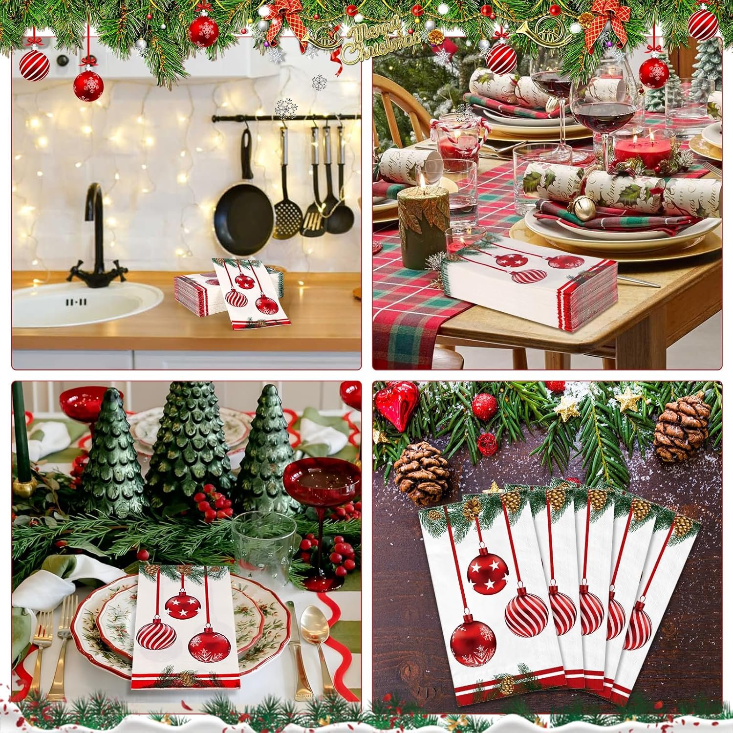 100 PCS Christmas Disposable Paper,3 Ply Decorative Guest Napkins,Xmas Balls for Party Lunch Dinner Kitchen Bathroom Table Decor - Image 8