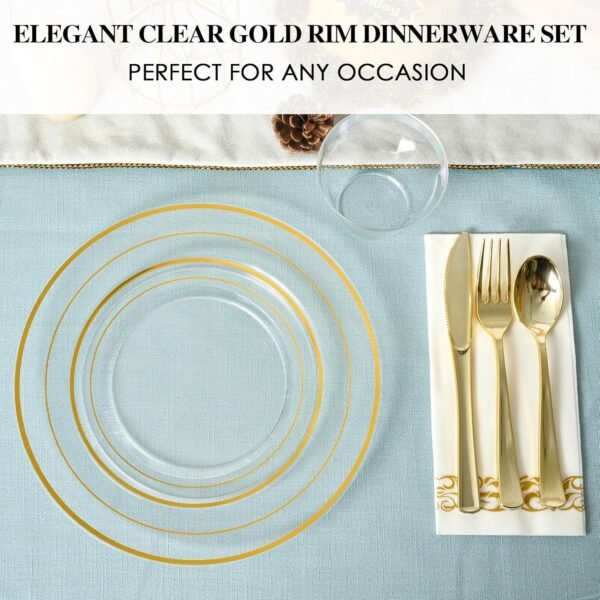 FOCUSLINE 350 Clear Gold Dinnerware Set for 50 Guests, Clear Plastic Plates with Gold Rim Disposable Heavy Duty, Including 50 Dinner Plates, 50 Dessert Plates, 50 Napkins, 50 Cups, 50 Silverware Set - Image 8