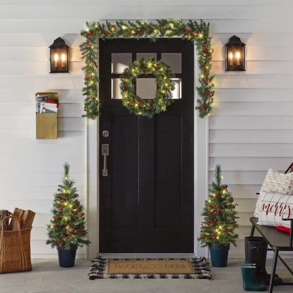 National Tree Company National Pre-lit White LED Lights Holiday Christmas 4-Piece Set | Garland, Wreath and Set of 2 Entrance Trees, No Size, Green - Image 5