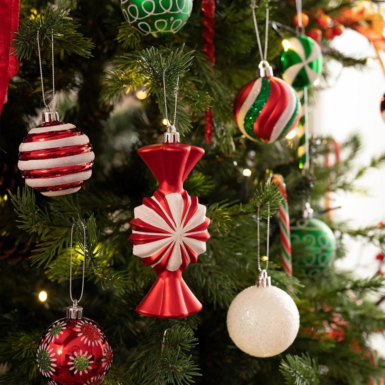 Valery Madelyn Christmas Ornaments Set, 108ct Candy Cane Red Green White Shatterproof Christmas Tree Decorations Ball Ornaments Bulk, Decorative Hanging Ornaments for Xmas Trees Holiday Party Decor - Image 3