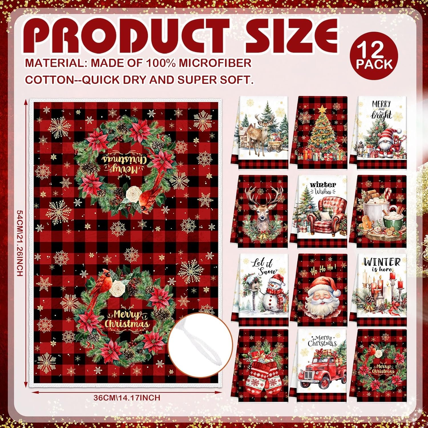12 Pcs Christmas Kitchen Towels and Dishcloths Absorbent Christmas Tree Reindeer Truck Hand Towels Christmas Dish Towels Decoration for Xmas Home Gift, 14.2 x 21.3 Inch (Fresh Style) - Image 3