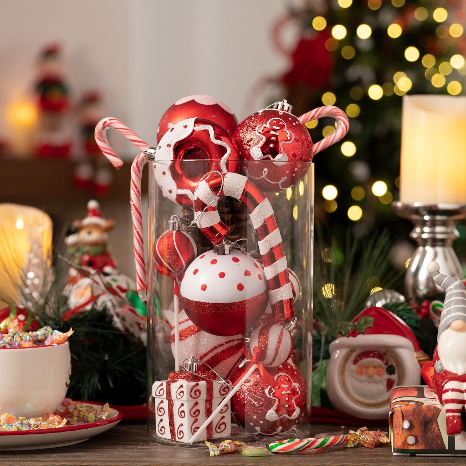 Valery Madelyn Christmas Ball Ornaments Set, 80ct Candy Cane Red and White Shatterproof Christmas Tree Decorations, Variety Decorative Hanging Ornaments for Xmas Trees Bulk Holiday Party Decor - Image 5