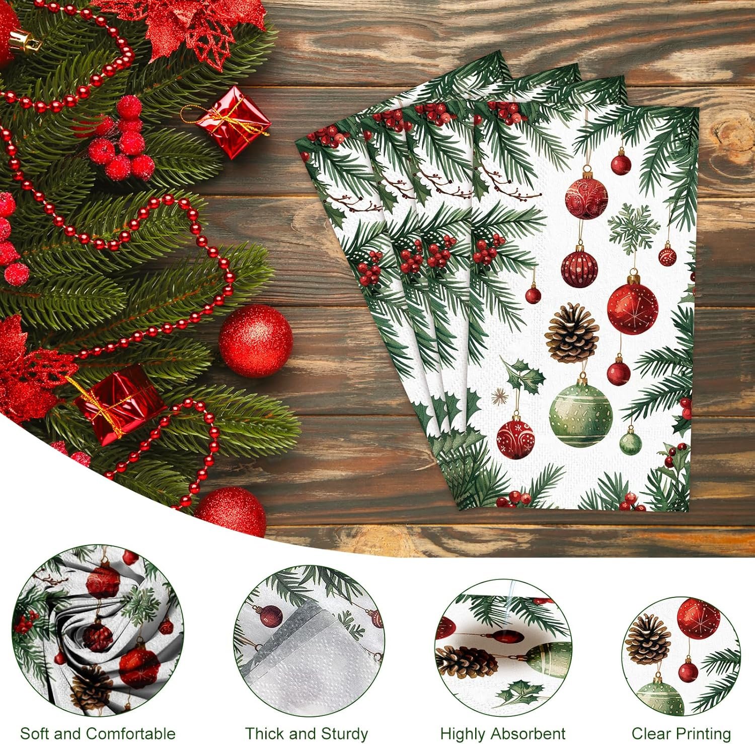 3-Ply Christmas Paper Napkins Disposable: Guest Dinner Hand Towels, Xmas Table Decorative for Bathroom Home Kitchen, Holiday Cocktail Party Decor, Red White Green (4.3x7.9 Inches, Count, 100) - Image 5