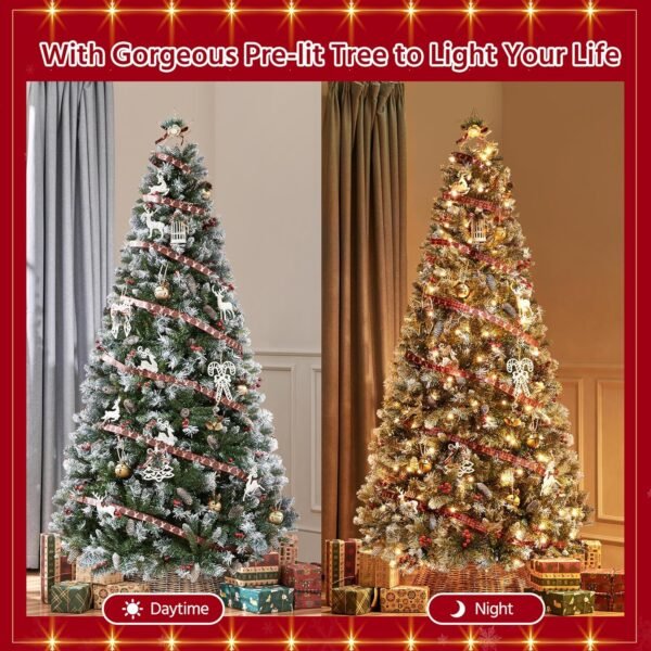 Yaheetech 7.5ft Pre-lit Frosted Artificial Hinged Christmas Tree with 1398 Flocked PVC Tips,88 Pine Cones,88 Holly Berries & 500 Warm White Lights,Foldable Stand,Green - Image 3