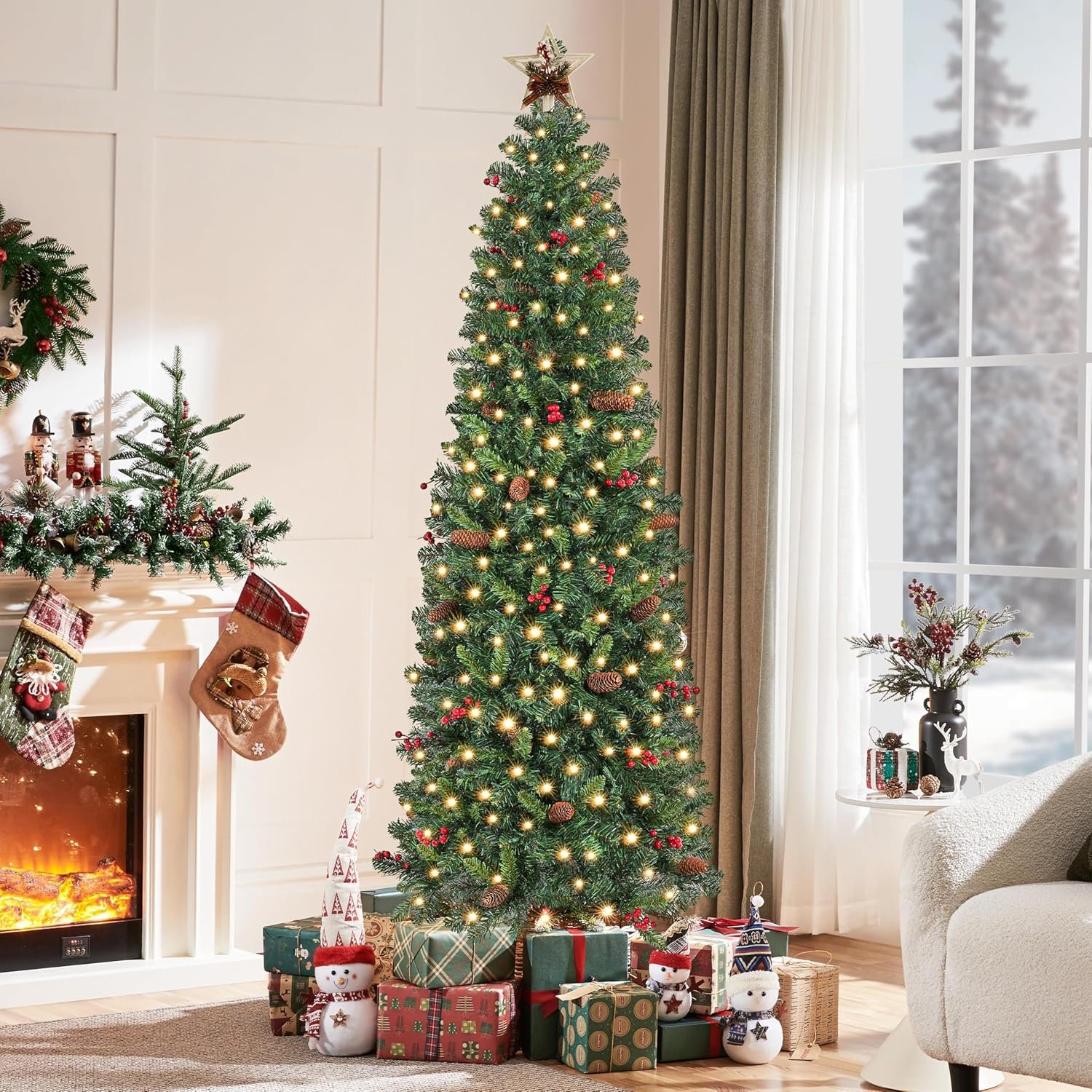 Yaheetech 7.5ft Pre-lit Pencil Spruce Christmas Tree, Artificial Slim Xmas Fir, Pre-Decorated for Home, Office, Party, Holiday Decor W/ 948 Tips, 350 Lights, Pine Cones, Metal Hinges & Base, Green - Image 10