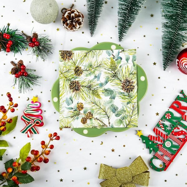 100 Christmas Party Napkins Winter Pine Branches Cones and Eucalyptus Disposable Paper Napkins Watercolor Greenery Branches Holiday Dinner Hand Towel for Party Supplies Table Decor - Image 6
