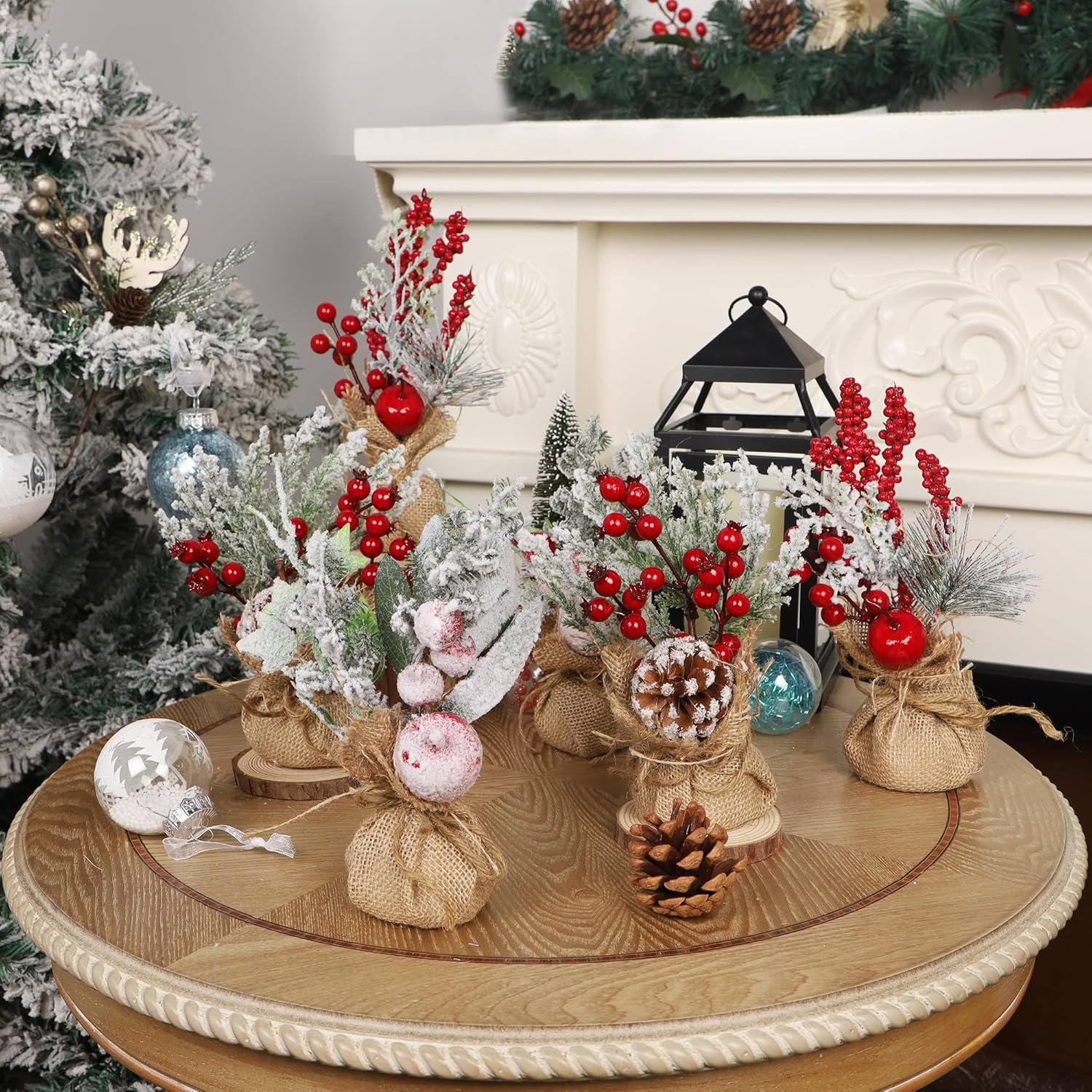 winemana 6 Pcs Mini Christmas Tree Table Decorations, 9" Small Artificial Trees with Red Berries Pine Cone Tabletop Centerpiece for Home Office Room Holiday Decorations - Image 7