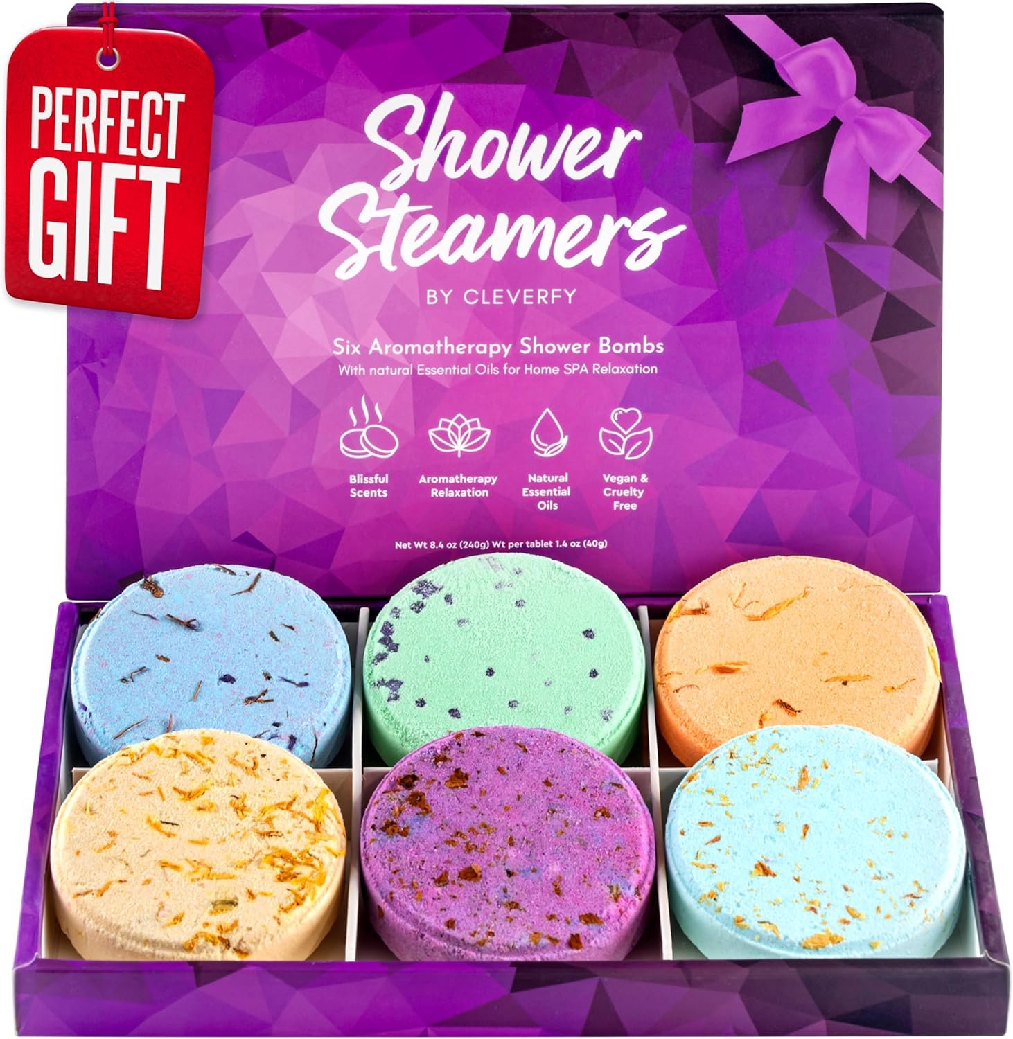 Cleverfy Shower Steamers Aromatherapy - Christmas Gifts for Women and Stocking Stuffers for Adults and Teens. Box of 6 Premium Self Care Shower Bombs with Essential Oils. Purple Set - Image 2