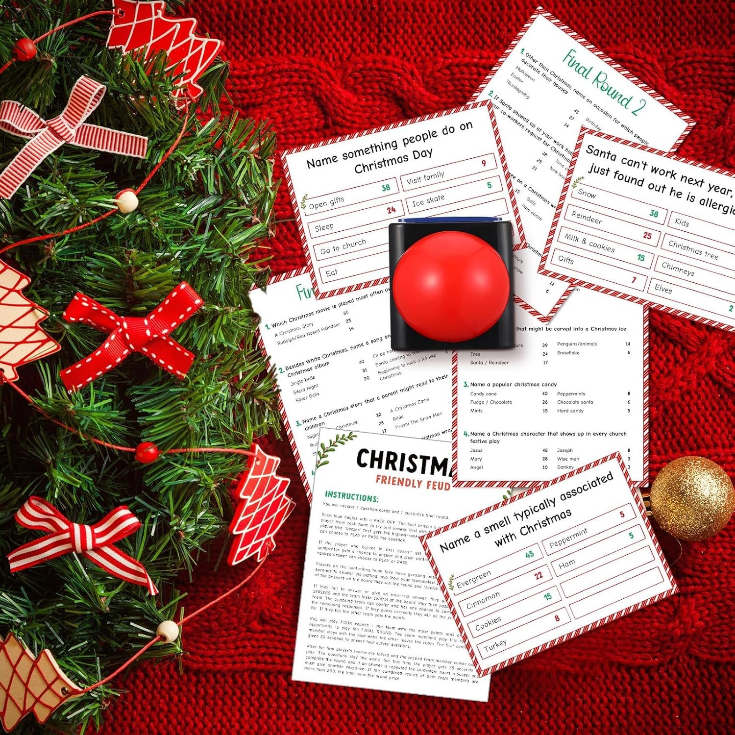 Syhood Christmas Friendly Feud Game with 2 Pcs Game Buzzer, New Year Feud Card Game, Family Game Night, Trivia Quiz Game, Fun Feud for Party Office Class Adult Groups(Christmas) - Image 5