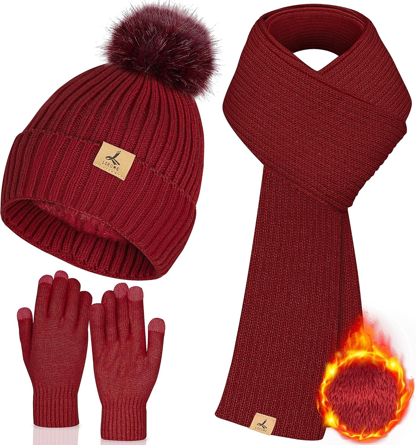 LOROME Women Winter Beanie Hat Scarf Gloves Set, Fleece Knitted Pompom Hat Warm Neck Scarf Touchscreen Gloves Winter Gift - Image 2