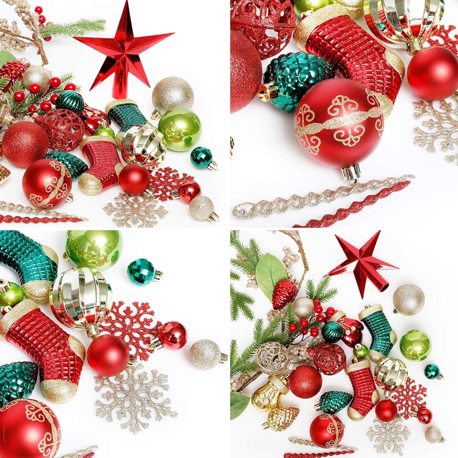Christmas Tree Ornament, 132pcs Christmas Tree Decoration Set Red Green Gold Christmas Ball Shatterproof Hanging Tree Ornament Assortment Set - Image 5