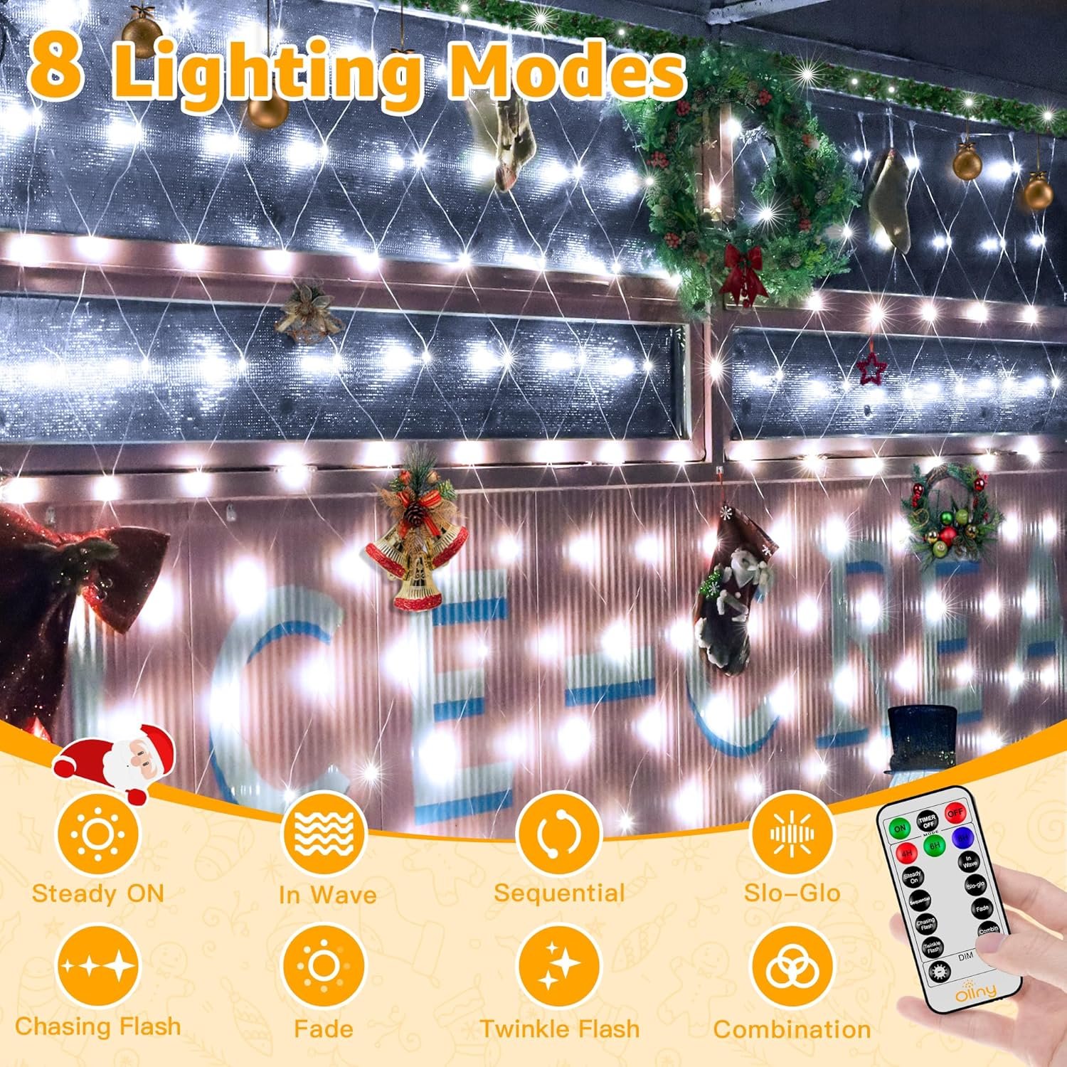 Ollny Net Lights Outdoor Mesh Lights 210LED 10x7ft, IP67 Waterproof Connectable Christmas Net Lights, 8 Modes Plug in Bush Lights for Tree Shrubs Outside Indoor Decorations, Cool White - Image 3