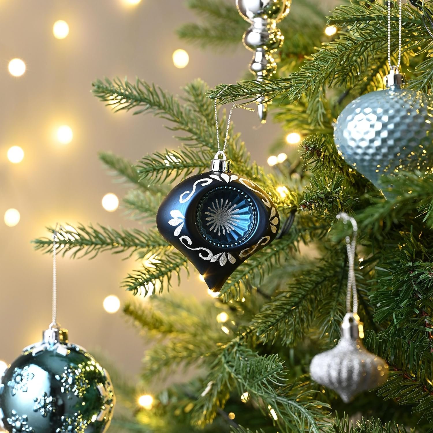 Valery Madelyn Christmas Ornaments Set, 70ct Navy Blue and Silver Shatterproof Christmas Tree Decorations Ball Ornaments Bulk, Winter Wonderland Hanging Ornaments for Xmas Trees Holiday Decor - Image 7