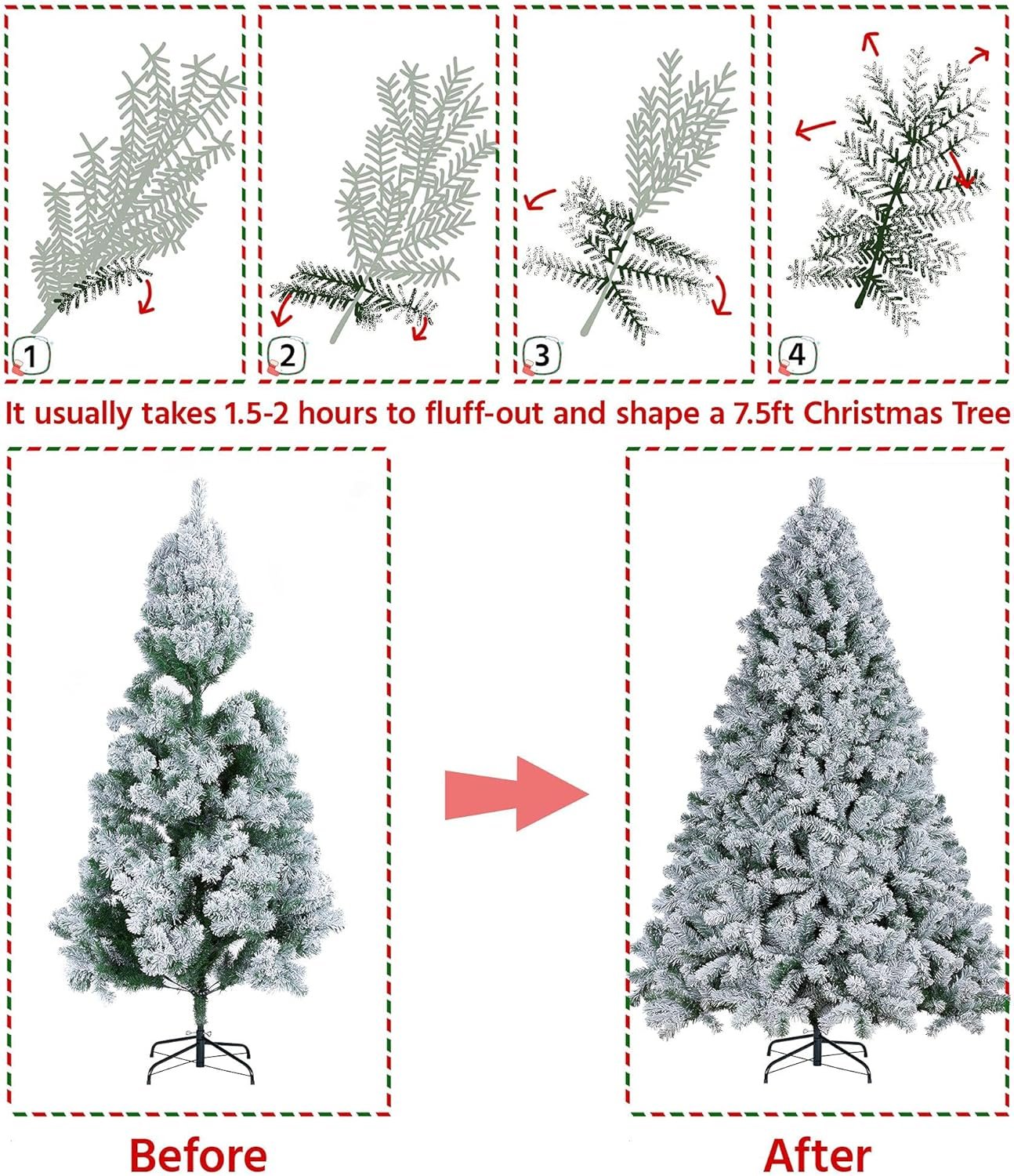Yaheetech 7.5ft Premium Snow Flocked Hinged Artificial Christmas Fake Spruce Full Tree for Home Office Party Decoration with 1284 Branch White Snow Tips and Metal Stand - Image 5