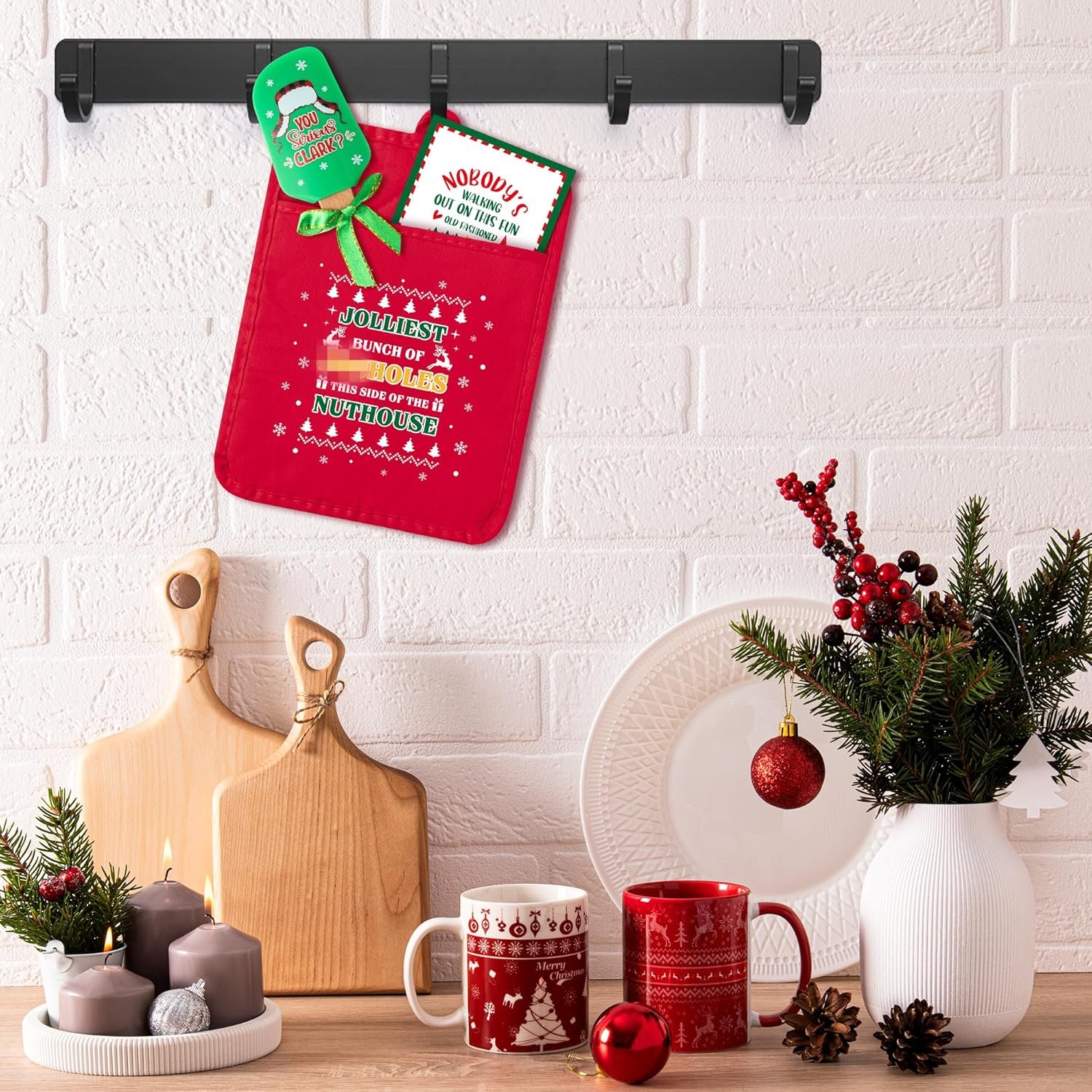3Pc Funny Christmas Pot Holders with Silicone Spatula Gift Set, Heat Resistant Potholder with Pocket for Kitchen Winter Oven Mitts Xmas Cookie Bag Greeting Card Cooking Gifts for Family Friend Bakers - Image 5