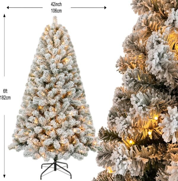 6ft Pre-lit Flocked Elwood Pine Christmas Tree with 717 Branch Tips, 300 Radiant Warm White LED Lights - Captivating Realism and Enchanting Holiday Aura - Image 7