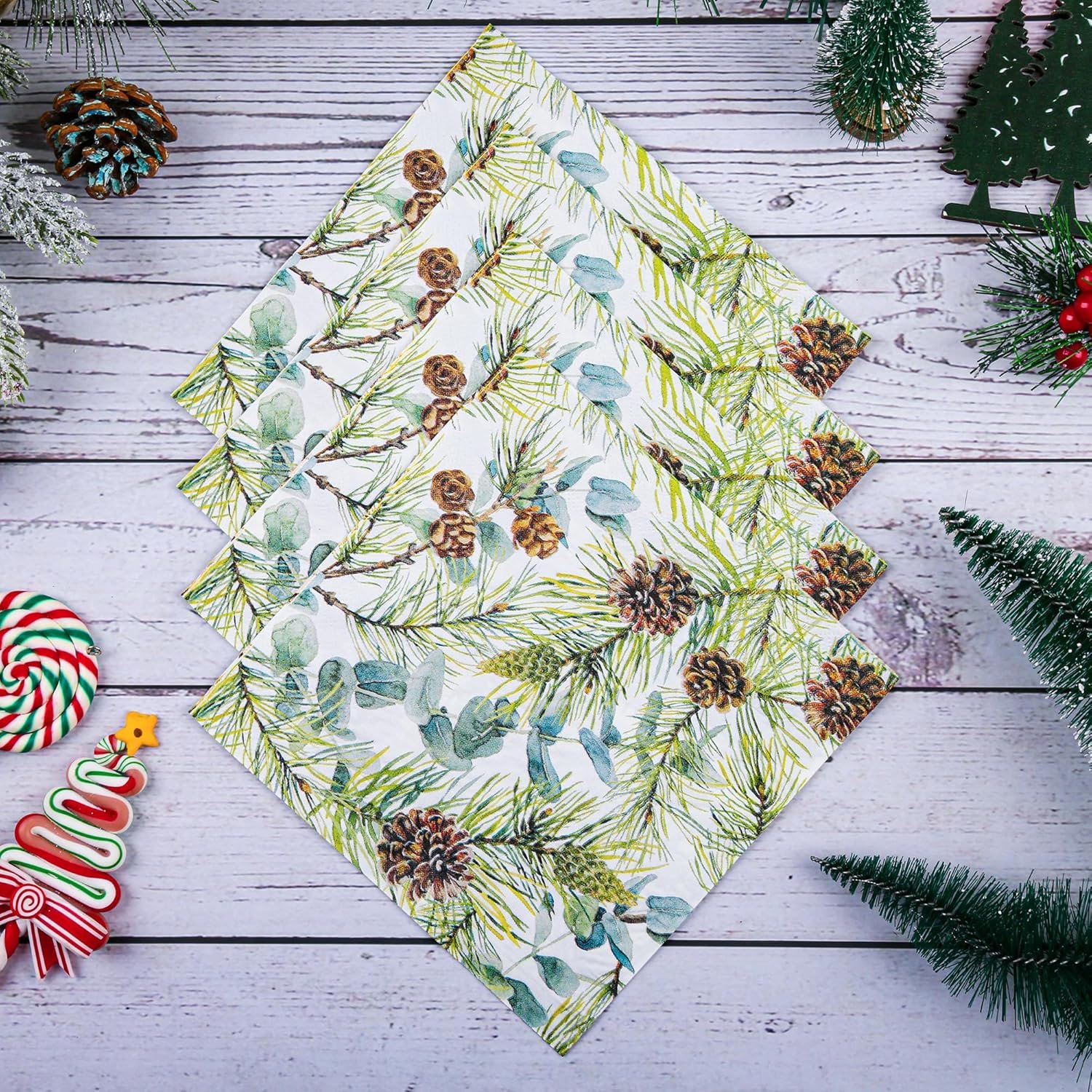 100 Christmas Party Napkins Winter Pine Branches Cones and Eucalyptus Disposable Paper Napkins Watercolor Greenery Branches Holiday Dinner Hand Towel for Party Supplies Table Decor - Image 7